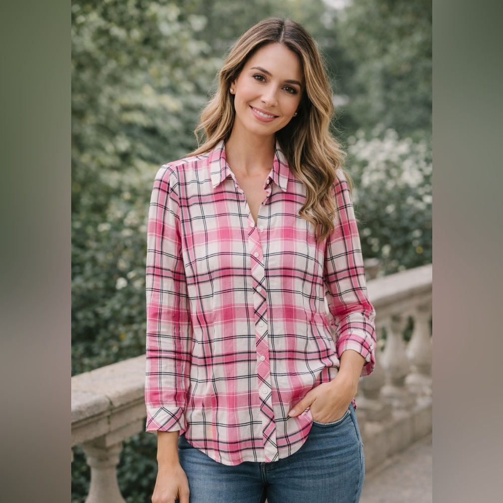 Talbots Plaid Cotton Shirt Button Up Collar Lightweight Classic Preppy Pink Med